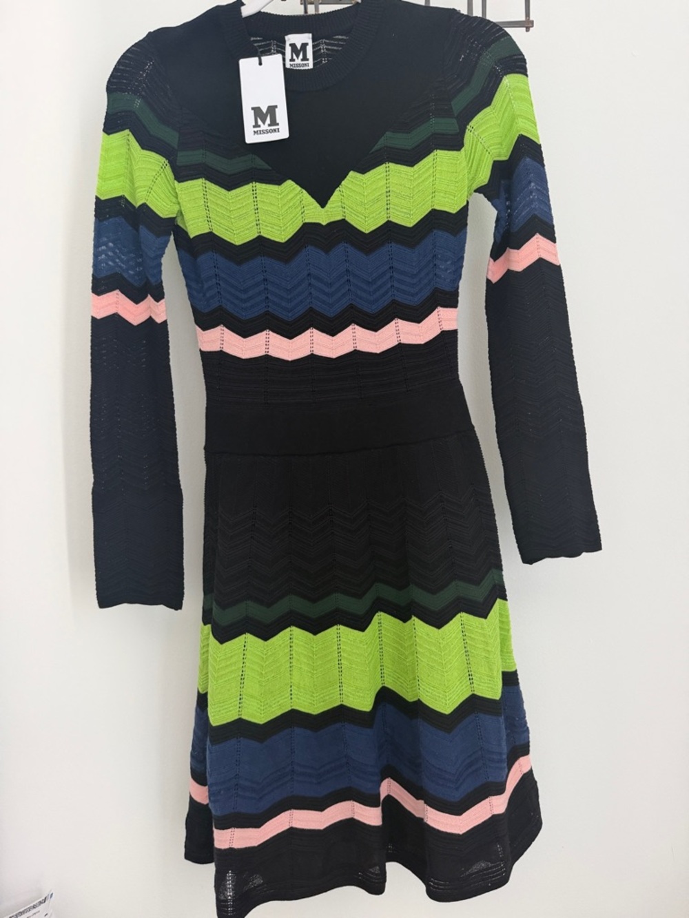 Missoni Black Knit Dress with Lime Green, Blue & Pink Chevron Stripes